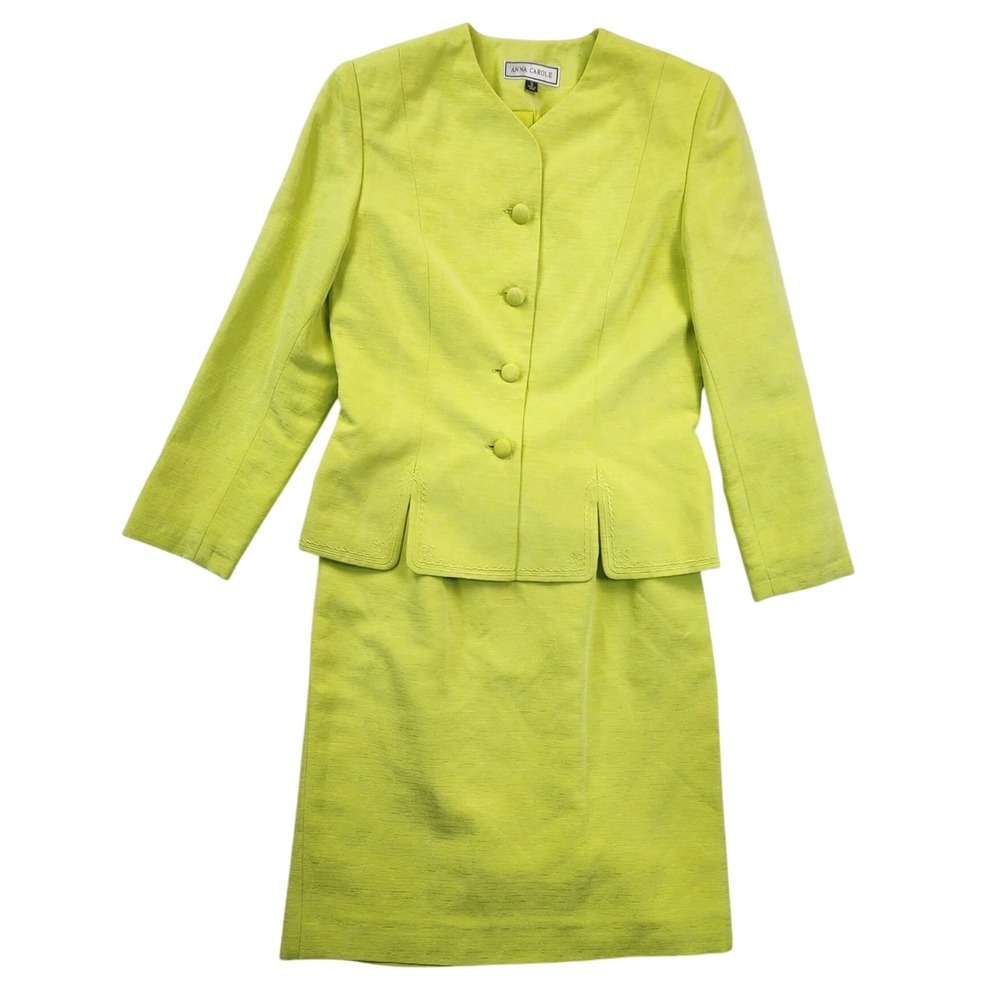 Anna Carole Lime Green Silk Linen 2 Piece Skirt Suit Set Vintage Career Size 6